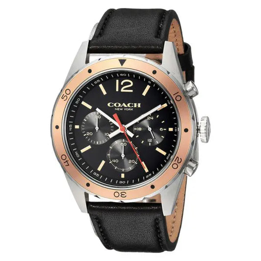 Coach 14602133 Men’s Chronograph Watch – Black Dial, Rose Gold Bezel, Black Leather Strap, 44mm Quartz