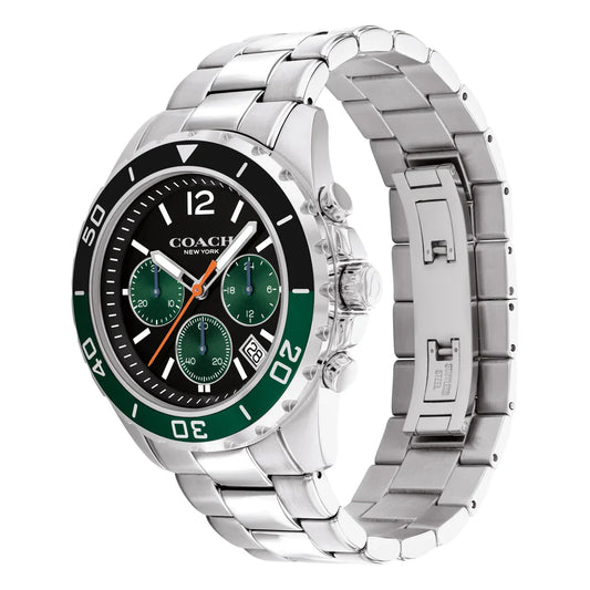 COACH 14602557 Kent Men’s Watch | Black & Green Chronograph Dial | Stainless Steel Bracelet Luxury Watch
