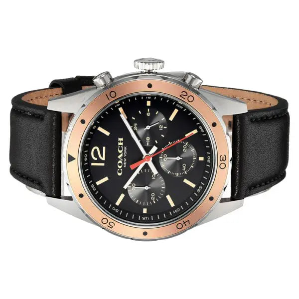 Coach 14602133 Men’s Chronograph Watch – Black Dial, Rose Gold Bezel, Black Leather Strap, 44mm Quartz