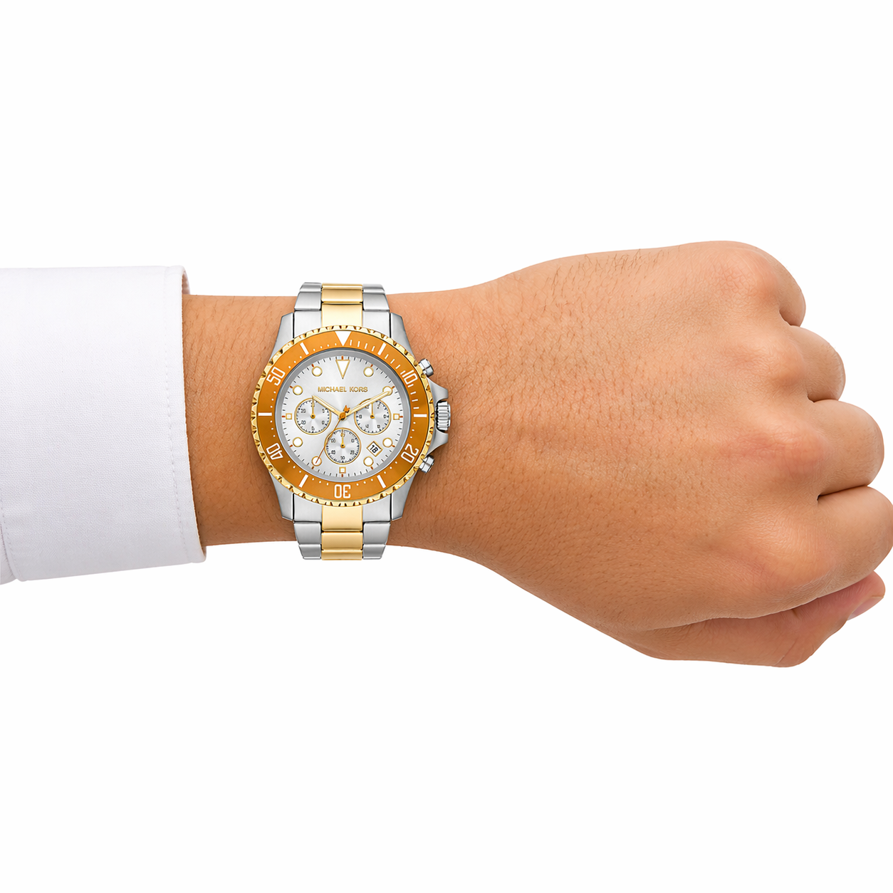 Michael Kors Everest MKO1183 Men’s Chronograph Watch – Orange Bezel, Silver Dial, Two-Tone Stainless Steel Strap, 44mm Quartz