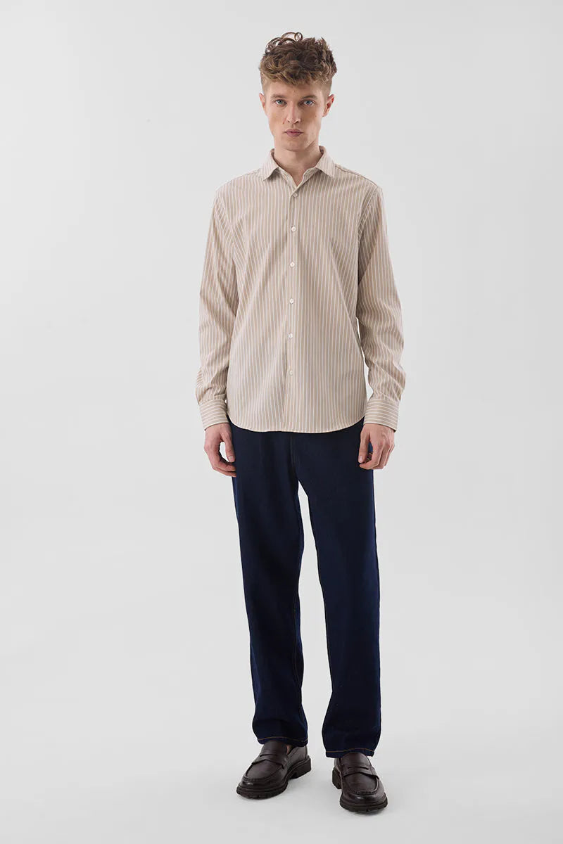 Snitch Men Beige Striped Slim Fit Luxe Casual Shirt for Men