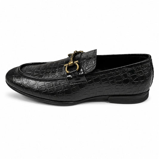 ROSSO BRUNELLO Croc Texture Slip-On Loafers for Men - Black