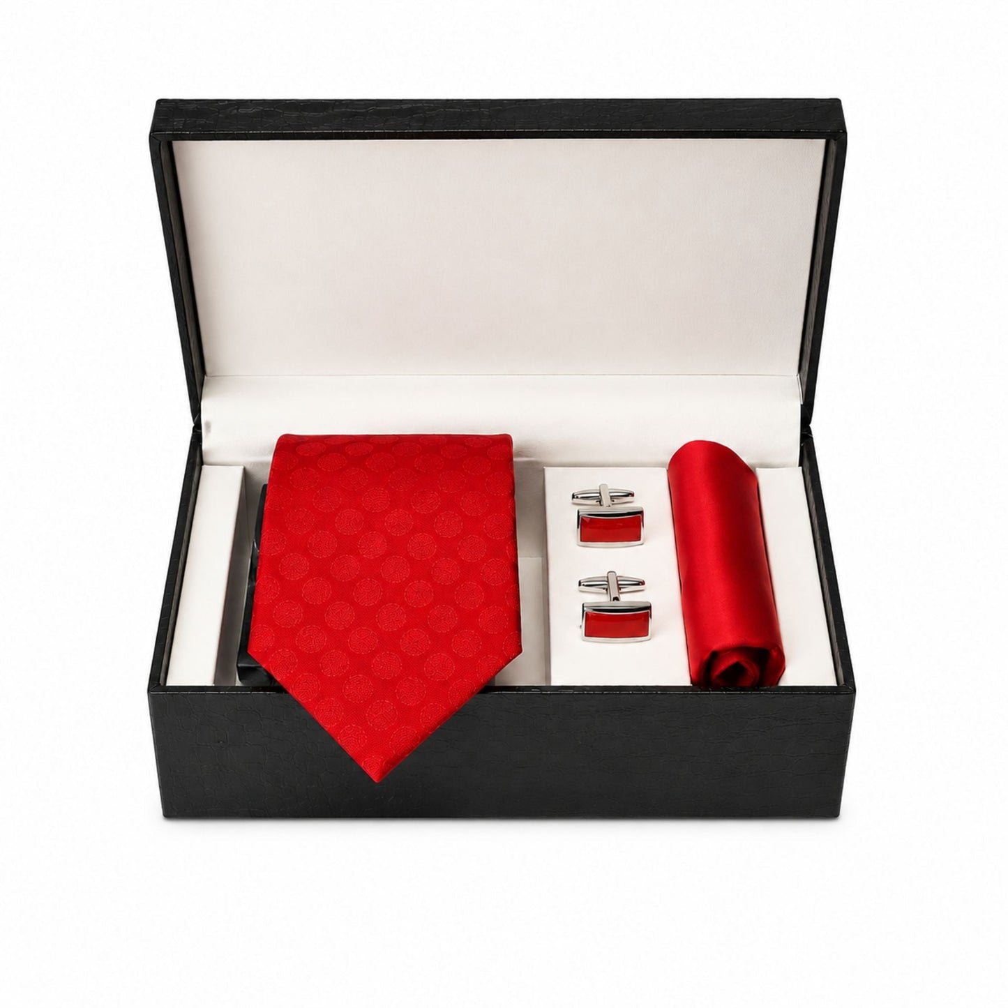 Premium Silk Tie, Pocket Square & Cufflinks Combo Set - Red