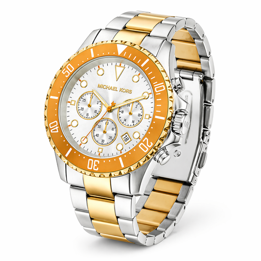 Michael Kors Everest MKO1183 Men’s Chronograph Watch – Orange Bezel, Silver Dial, Two-Tone Stainless Steel Strap, 44mm Quartz