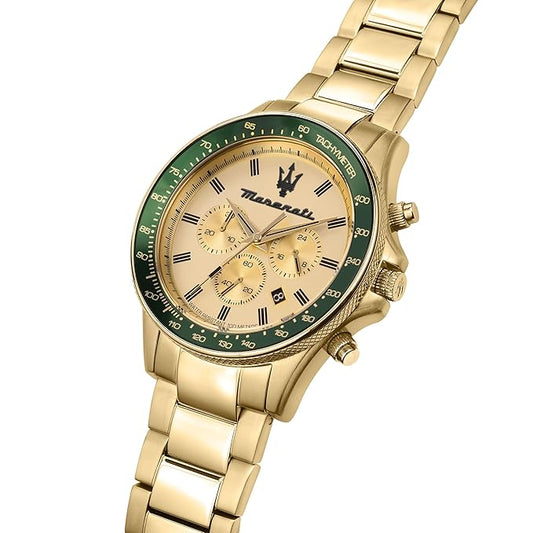 Maserati Sfida R8873640005 Men’s Chronograph Watch – Gold Dial, Green Tachymeter Bezel, Gold Stainless Steel Strap, 44mm Quartz