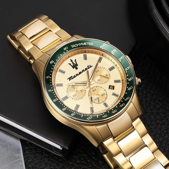 Maserati Sfida R8873640005 Men’s Chronograph Watch – Gold Dial, Green Tachymeter Bezel, Gold Stainless Steel Strap, 44mm Quartz