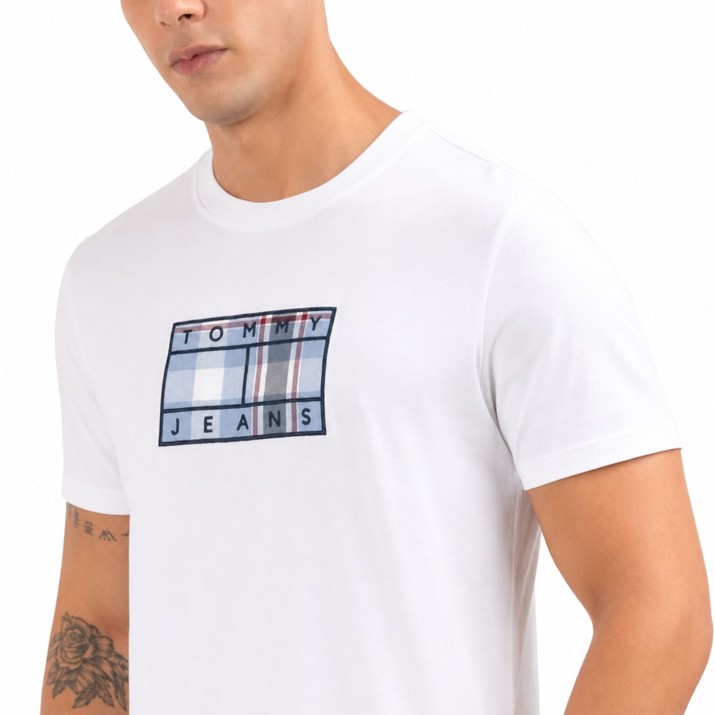 TOMMY HILFIGER Men Checkered Round Neck T-Shirt - White