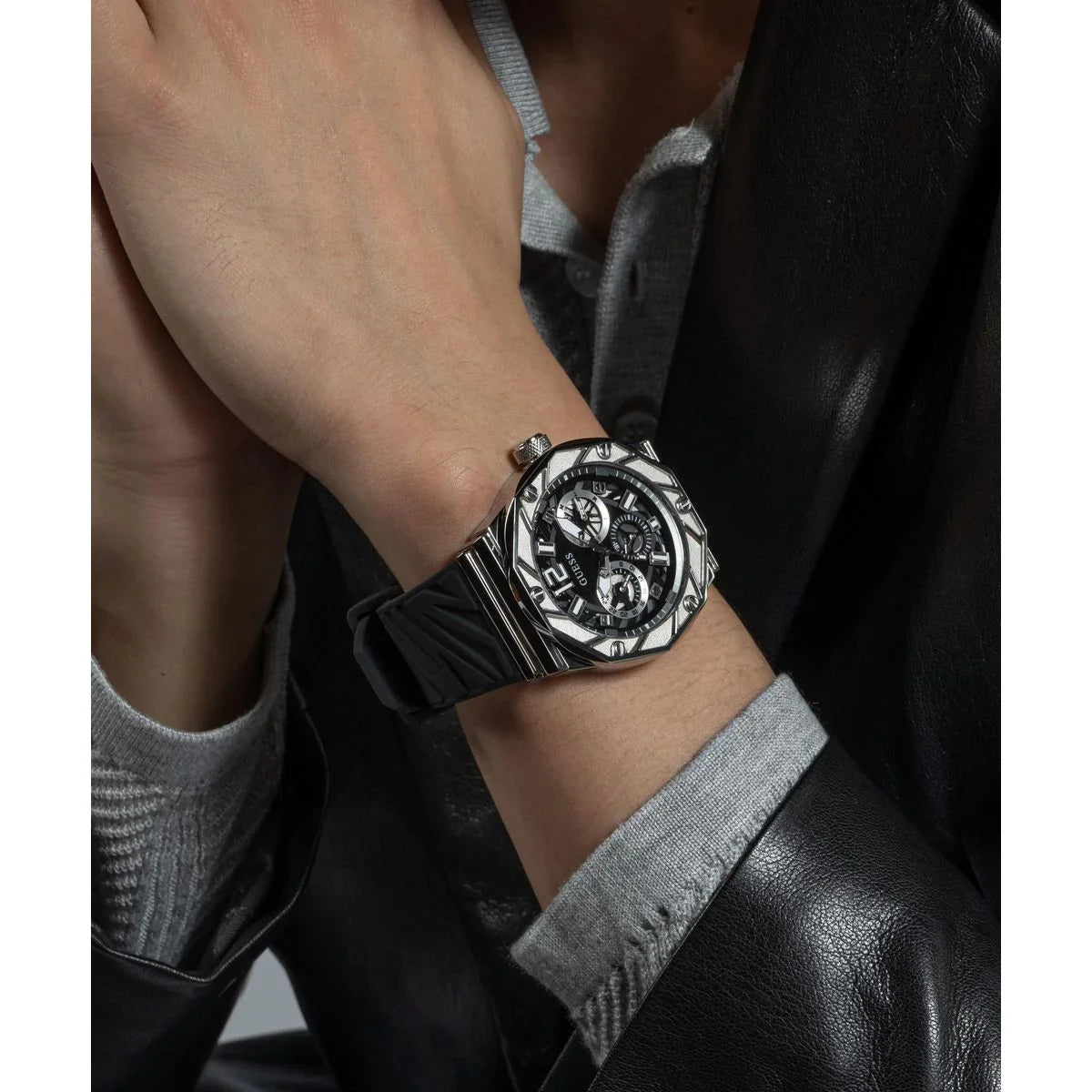GUESS GW0634G1 Sport Rival Men’s Watch | Black Dial Silicone Strap | 47mm Multi-Function Analog Watch