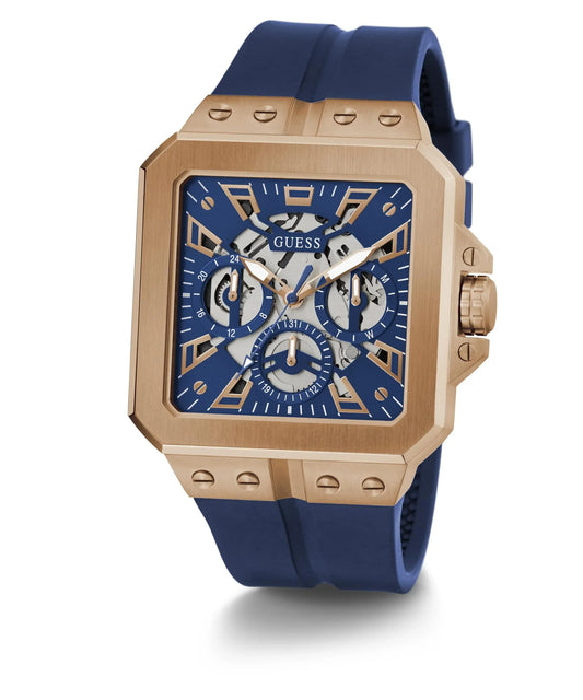 GUESS GW0637G3 Leo Men’s Watch | Blue Dial Square Case Silicone Strap | 42mm Analog Multi-Function Watch