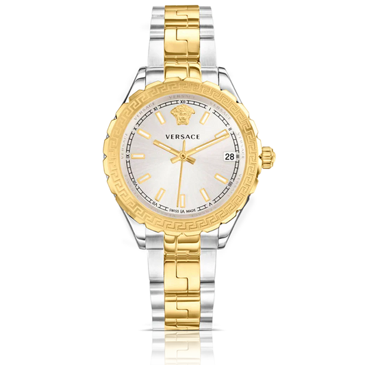 Versace V12030015 Hellenyium Women’s Watch | Silver Dial Two-Tone Stainless Steel | Swiss Quartz 35mm Luxury Watch