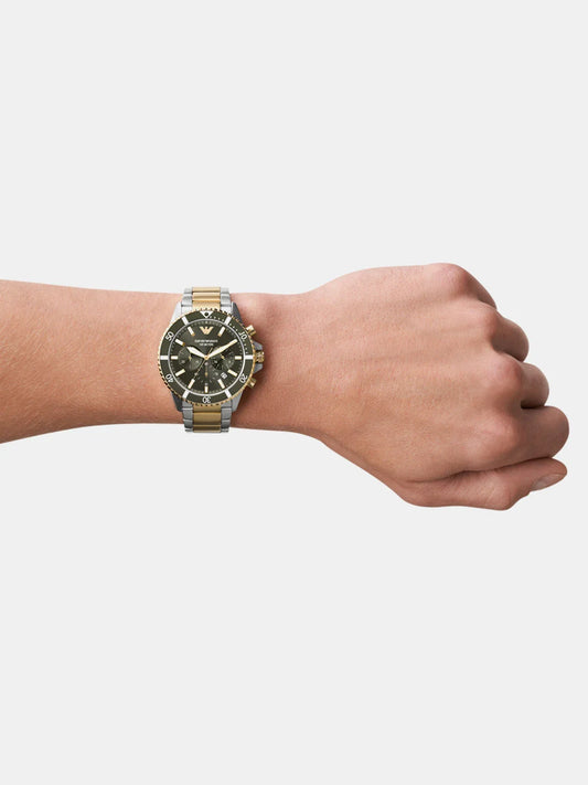 Emporio Armani AR11361 Men’s Chronograph Watch | Green Dial | Two-Tone Stainless Steel Strap | 100M Water Resistant