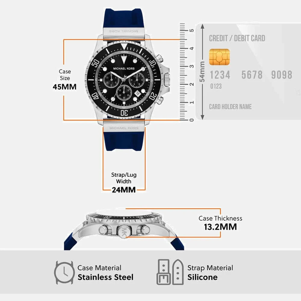 Michael Kors Everest MKO1160 Men’s Chronograph Watch – Black Dial, Blue Silicone Strap, 45mm Quartz