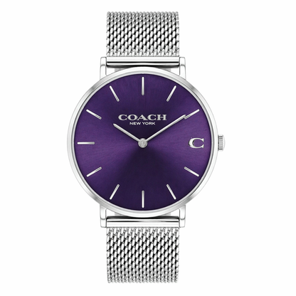 Coach 14602437 Women’s Analog Watch – Purple Sunray Dial, Silver Mesh Strap, 36mm Quartz