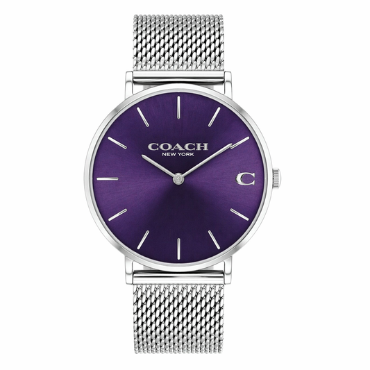 Coach 14602437 Women’s Analog Watch – Purple Sunray Dial, Silver Mesh Strap, 36mm Quartz