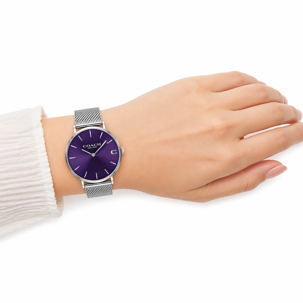 Coach 14602437 Women’s Analog Watch – Purple Sunray Dial, Silver Mesh Strap, 36mm Quartz
