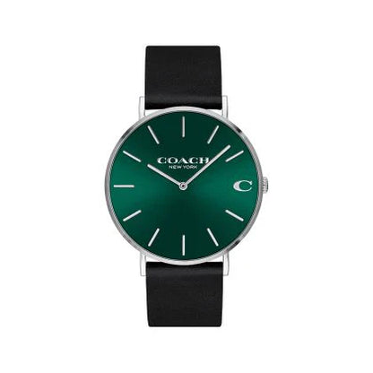 Coach Charles 14602436 Men’s Analog Watch – Green Dial, Black Leather Strap, 41mm Quartz