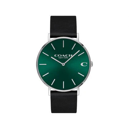 Coach Charles 14602436 Men’s Analog Watch – Green Dial, Black Leather Strap, 41mm Quartz