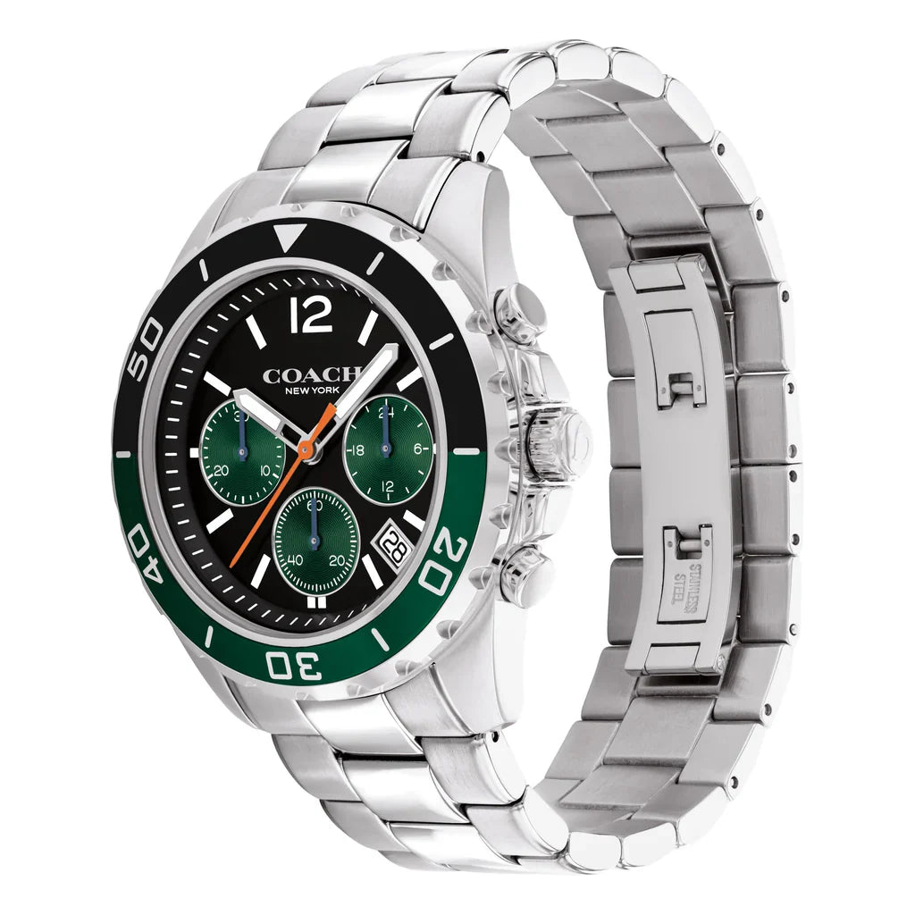 COACH 14602557 Kent Men’s Watch | Black & Green Chronograph Dial | Stainless Steel Bracelet Luxury Watch