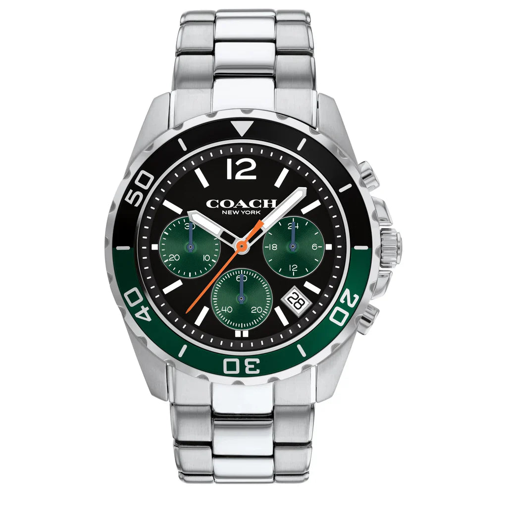 COACH 14602557 Kent Men’s Watch | Black & Green Chronograph Dial | Stainless Steel Bracelet Luxury Watch