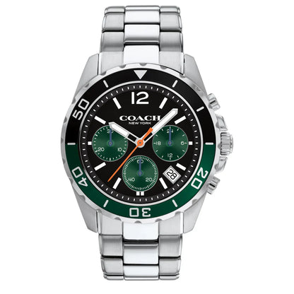 COACH 14602557 Kent Men’s Watch | Black & Green Chronograph Dial | Stainless Steel Bracelet Luxury Watch