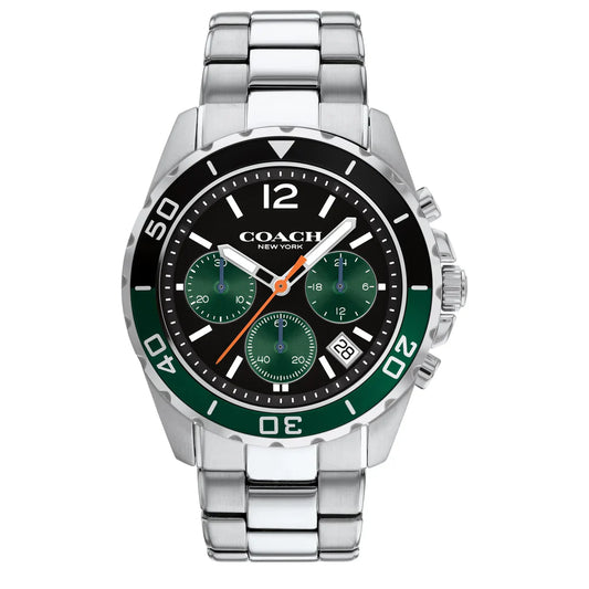 COACH 14602557 Kent Men’s Watch | Black & Green Chronograph Dial | Stainless Steel Bracelet Luxury Watch
