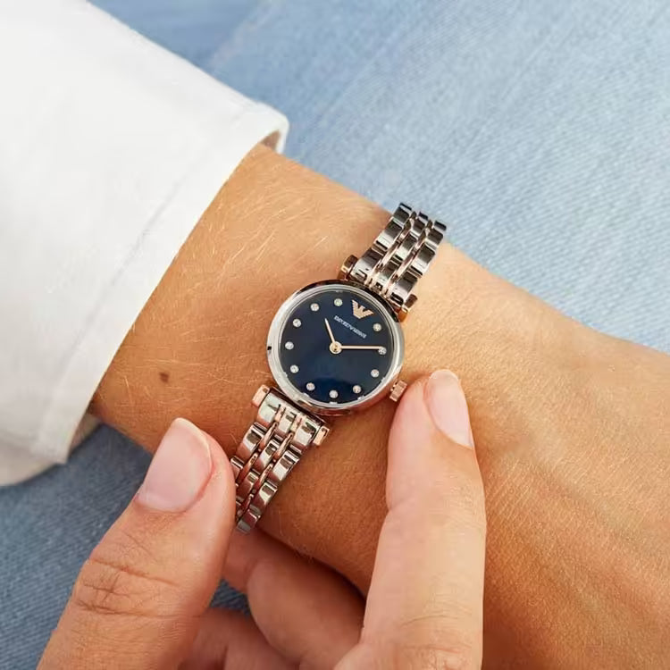 Emporio Armani AR11222 Gianni T-Bar Women’s Watch | Blue Dial | Two-Tone Stainless Steel 22mm Luxury Watch