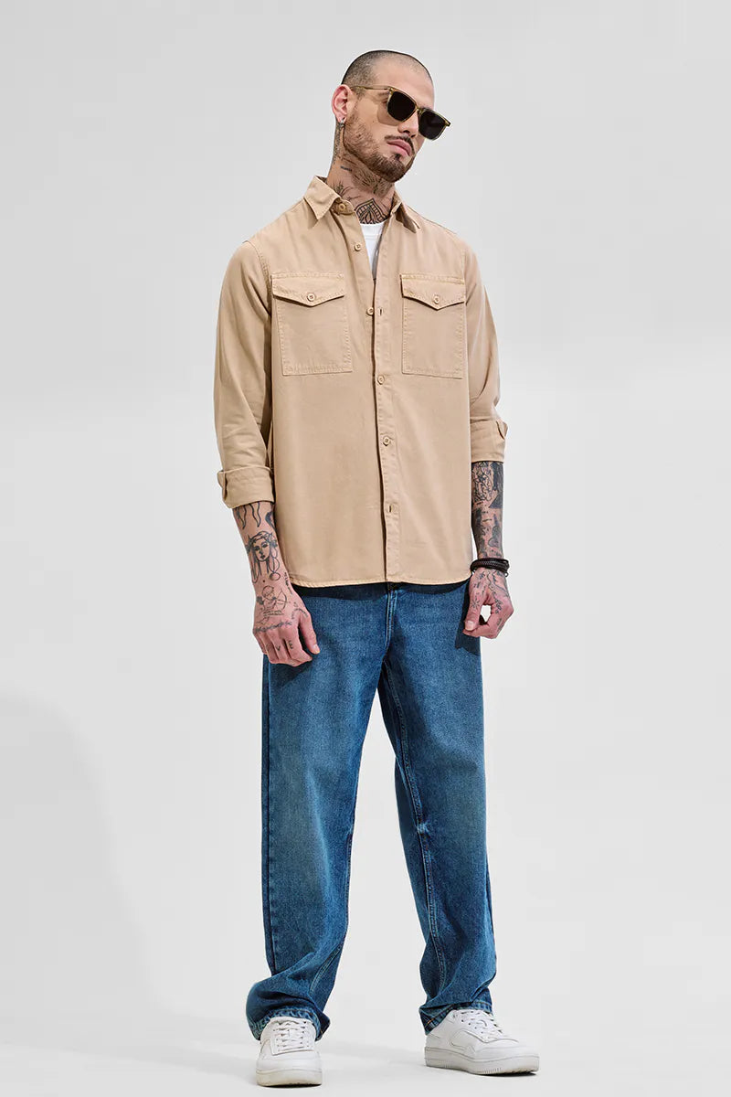 Snitch Beige Double Pocket Relaxed Fit Denim Shirt for Men