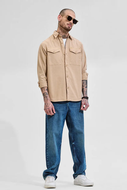 Snitch Beige Double Pocket Relaxed Fit Denim Shirt for Men