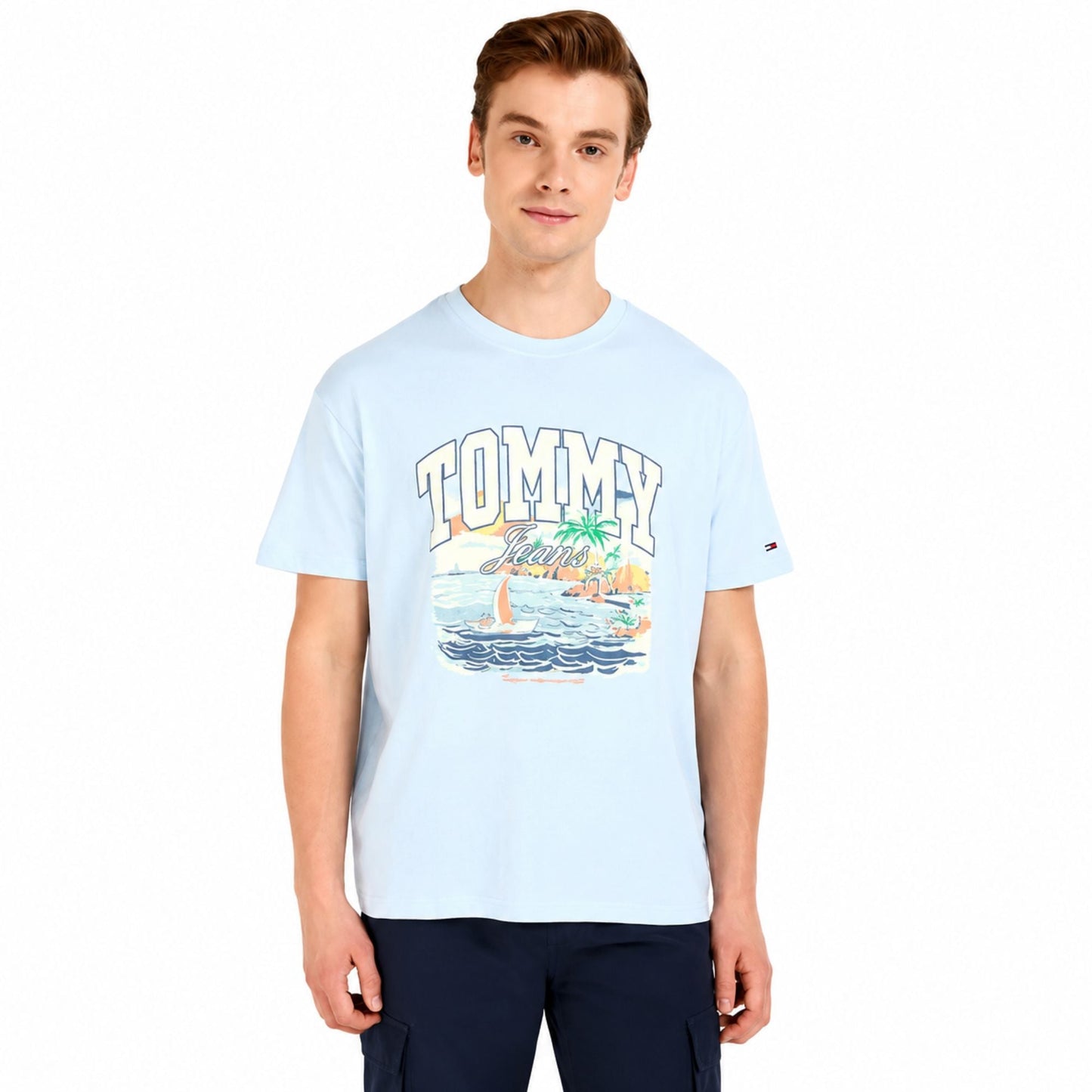TOMMY HILFIGER Men Graphic Print Crew Neck Cotton Blend T-Shirt - Blue