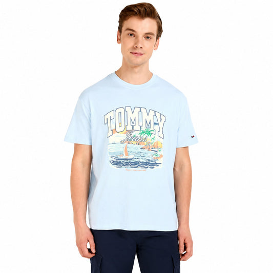TOMMY HILFIGER Men Graphic Print Crew Neck Cotton Blend T-Shirt - Blue