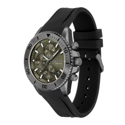 BOSS Admiral 1513967 Green Dial Chronograph Men’s Watch – Black Silicone Strap, 45mm, 100M WR