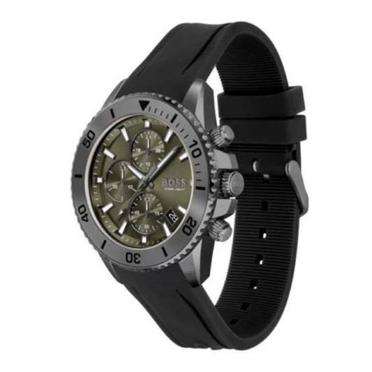 BOSS Admiral 1513967 Green Dial Chronograph Men’s Watch – Black Silicone Strap, 45mm, 100M WR