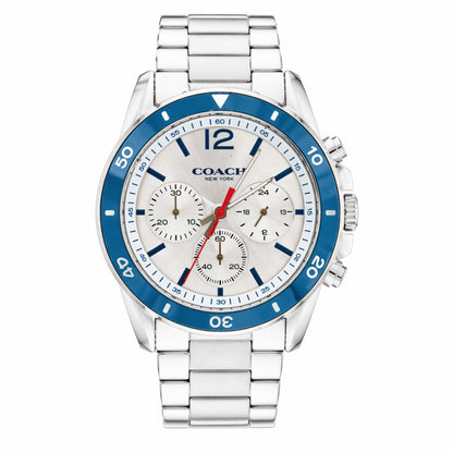 Coach Sullivan 14602085 Men’s Chronograph Watch – White Dial, Blue Bezel, Stainless Steel Strap, 44mm Quartz