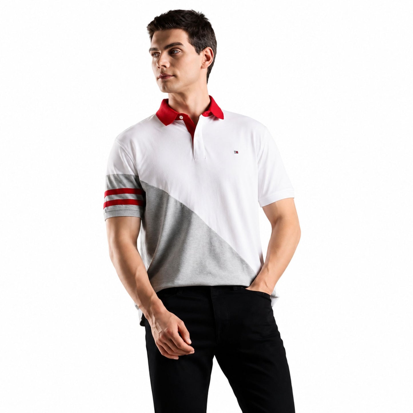Tommy Hilfiger Men’s Colorblock Pure Cotton Polo T-Shirt - Grey