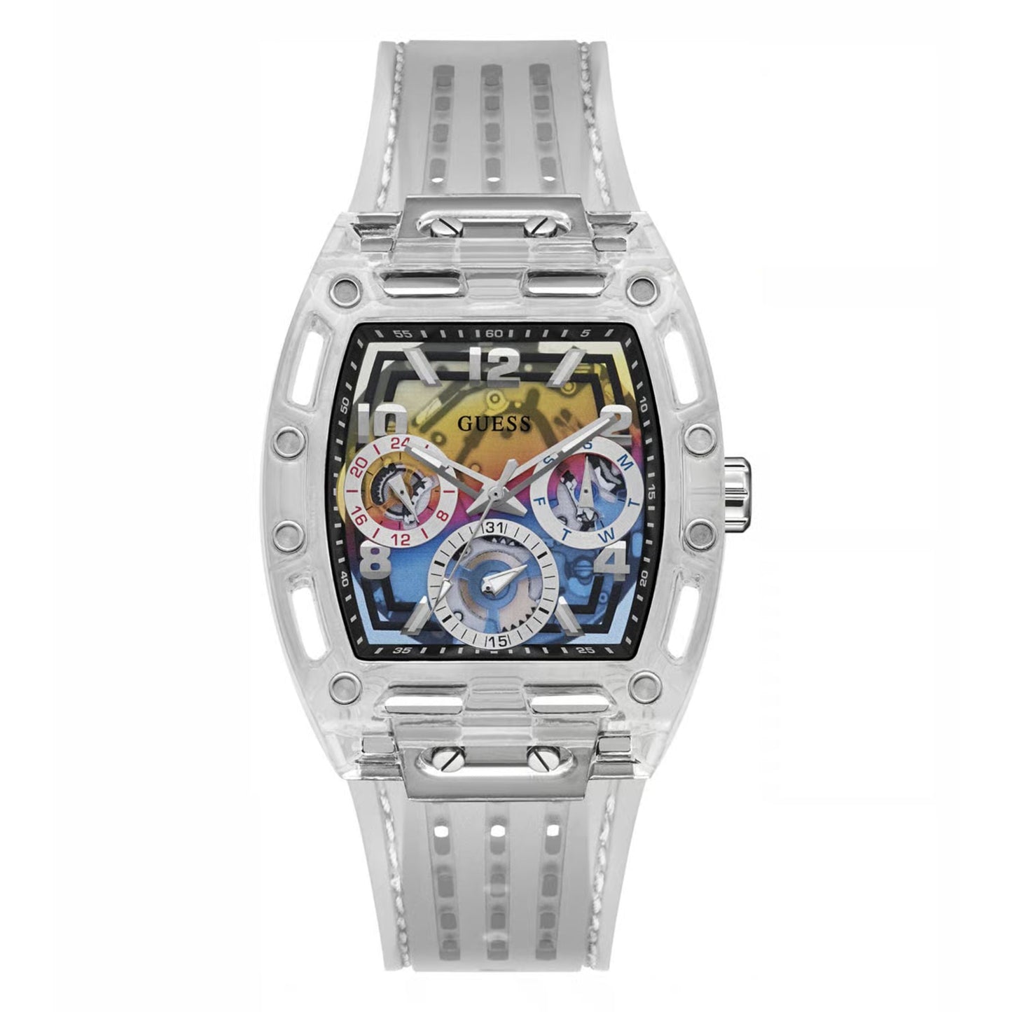 GUESS GW0499G3 Trend Men’s Watch | Rainbow Dial Transparent Case Silicone Strap | 41.5mm Analog Multi-Function Watch