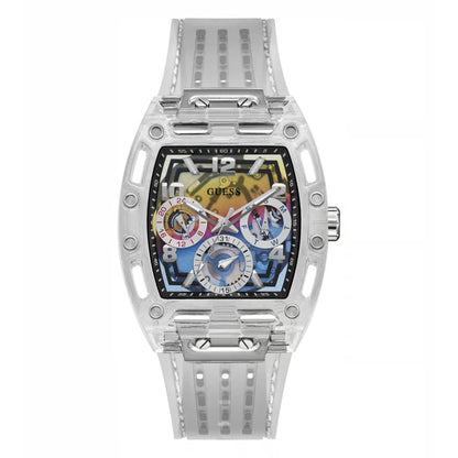 GUESS GW0499G3 Trend Men’s Watch | Rainbow Dial Transparent Case Silicone Strap | 41.5mm Analog Multi-Function Watch