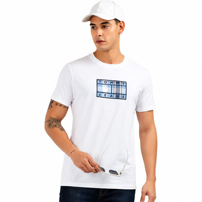 TOMMY HILFIGER Men Checkered Round Neck T-Shirt - White
