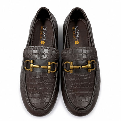 ROSSO BRUNELLO Croc Texture Slip-On Loafers for Men - Brown