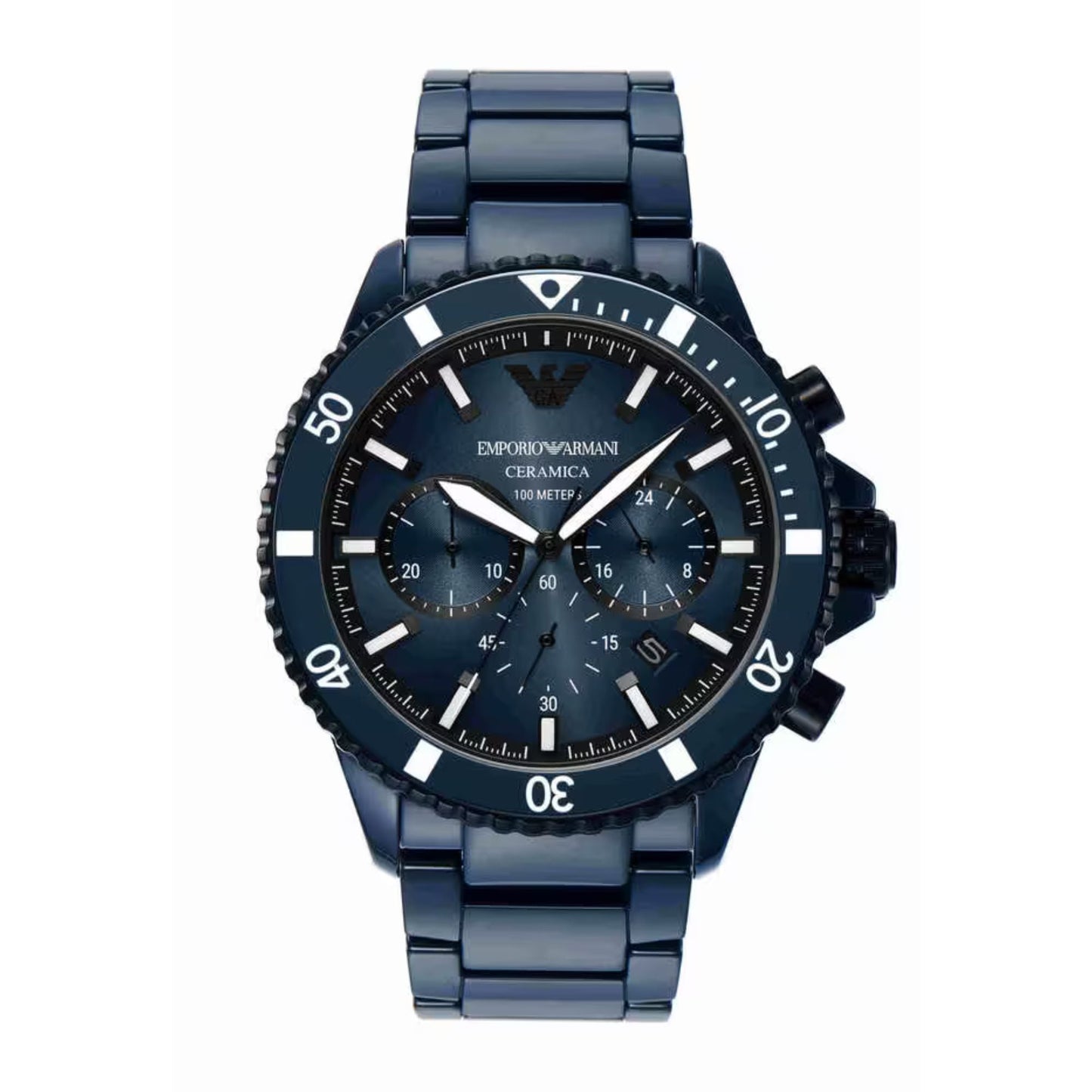 Emporio Armani AR70009 Men’s Chronograph Watch – Blue Dial, Ceramic Strap, 43mm Quartz