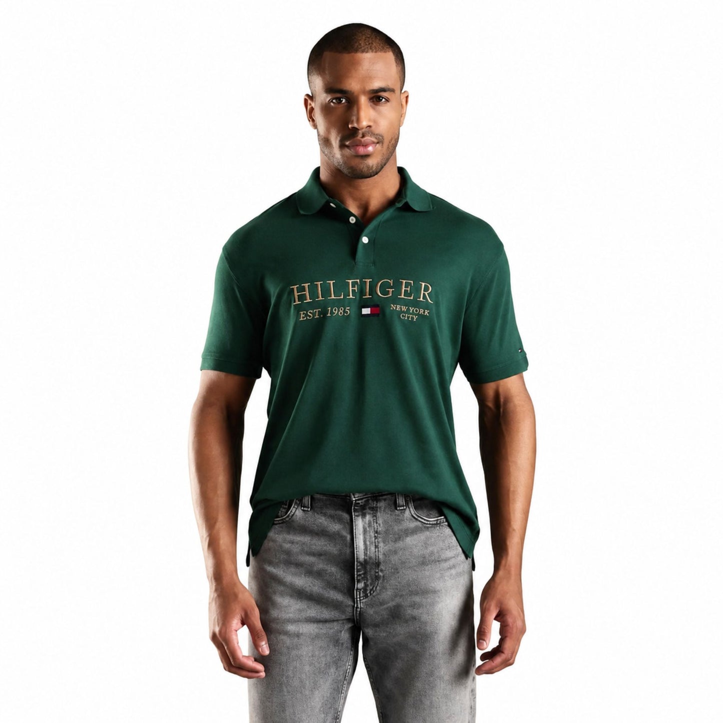 Tommy Hilfiger Men’s Printed Pure Cotton Polo T-Shirt - Green
