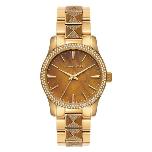 Michael Kors MK7389 Runway Pavé Women’s Watch | Tiger’s Eye Dial Gold-Tone Stainless Steel | Luxury Designer Watch