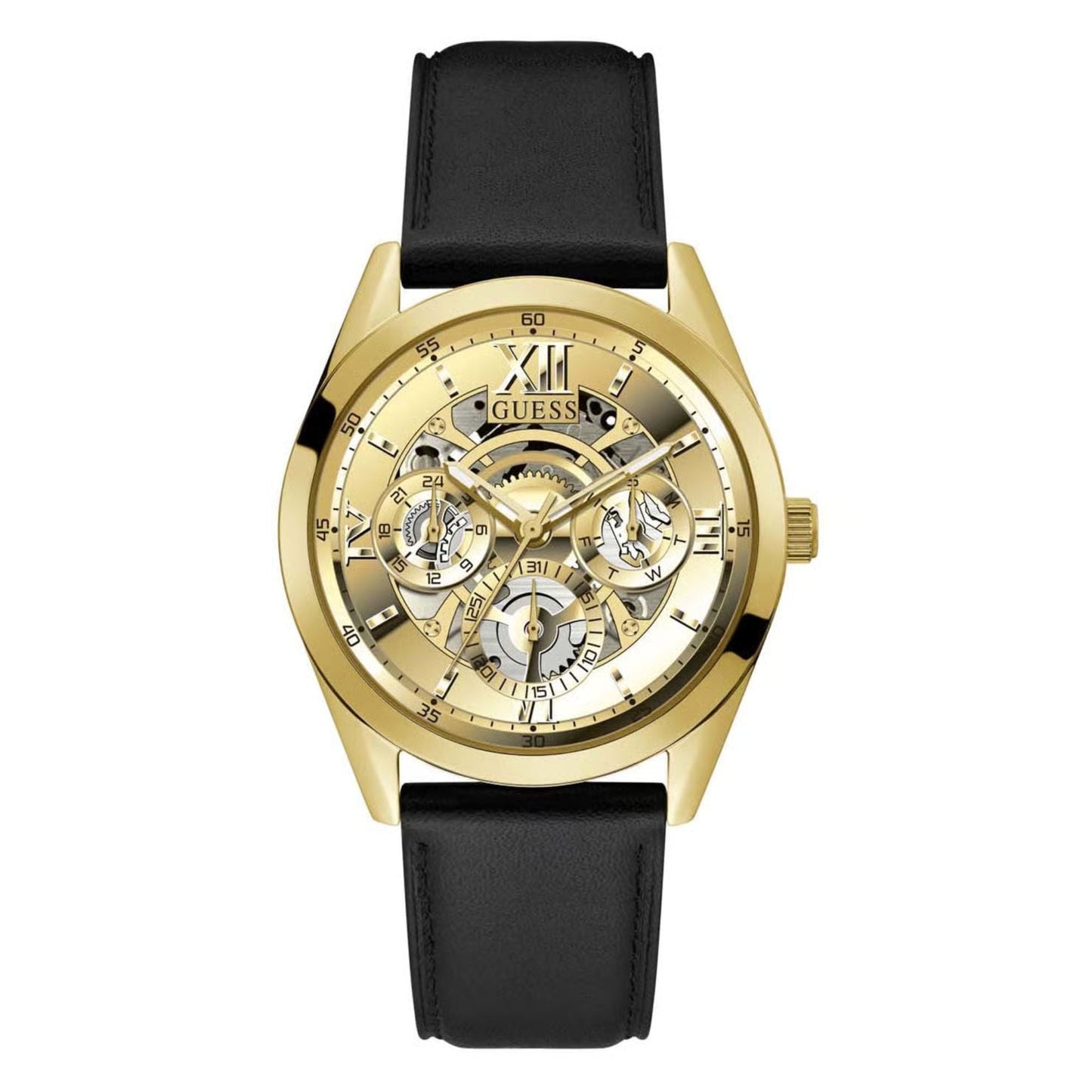 Guess Tailor GW0389G2 Men’s Multifunction Watch – Gold Dial, Black Leather Strap, 42mm Quartz