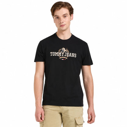 TOMMY HILFIGER Men Printed Round Neck Pure Cotton T-Shirt - Black