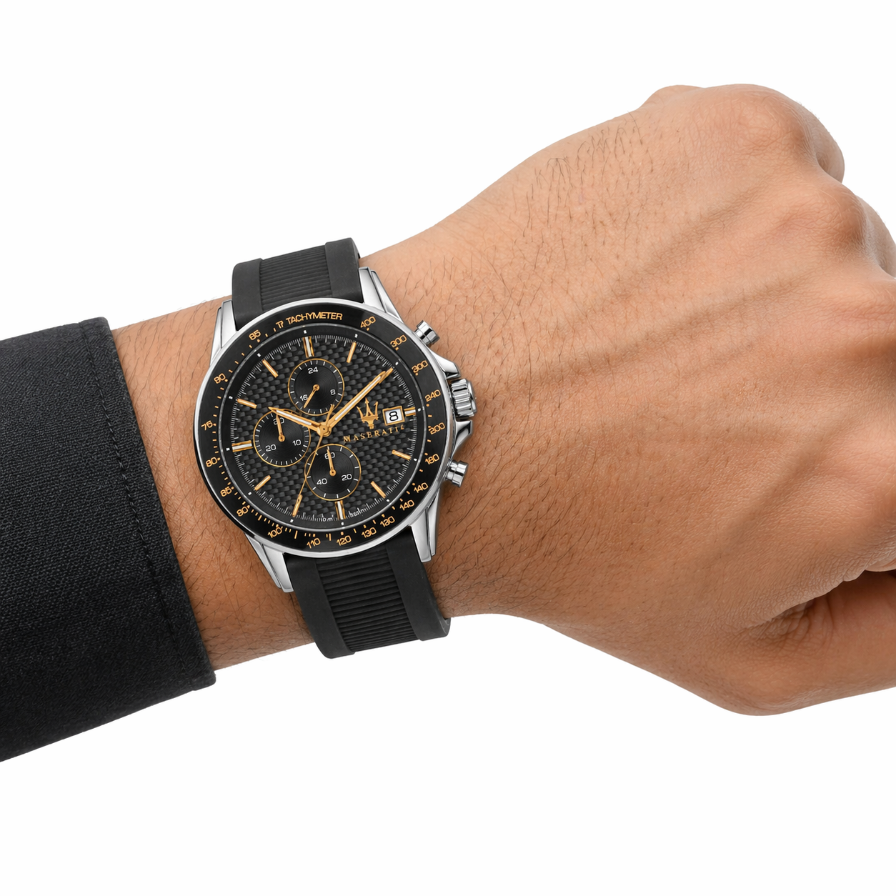Maserati R8871640005 Men’s Chronograph Watch – Grey Textured Dial, Black Silicone Strap, Tachymeter Bezel, 44mm Quartz