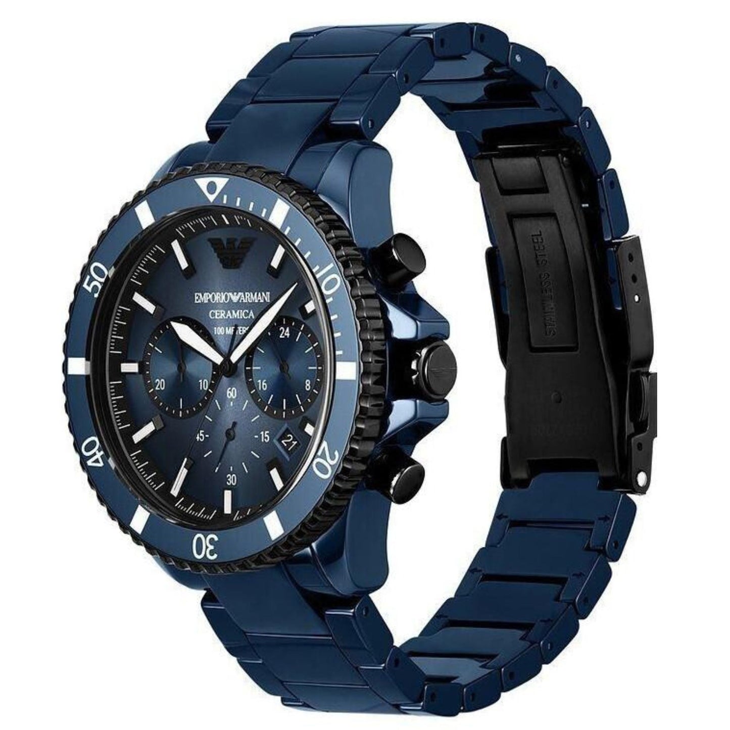 Emporio Armani AR70009 Men’s Chronograph Watch – Blue Dial, Ceramic Strap, 43mm Quartz