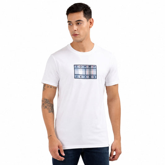 TOMMY HILFIGER Men Checkered Round Neck T-Shirt - White