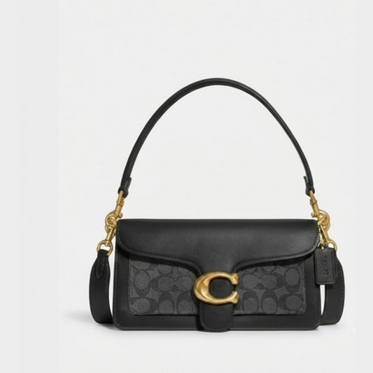 Coach Tabby 26 Medium Signature Canvas Shoulder Bag Black with Gold C Logo
