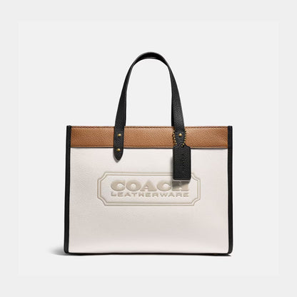 Coach Field Tote 30 Colourblocked White Signature Canvas & Leather Large Tote Bag with Detachable Strap