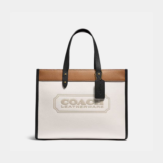 Coach Field Tote 30 Colourblocked White Signature Canvas & Leather Large Tote Bag with Detachable Strap