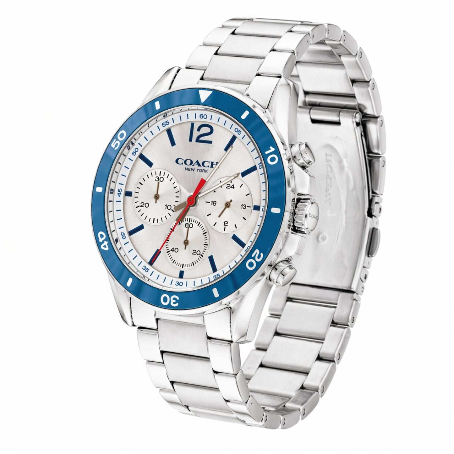 Coach Sullivan 14602085 Men’s Chronograph Watch – White Dial, Blue Bezel, Stainless Steel Strap, 44mm Quartz